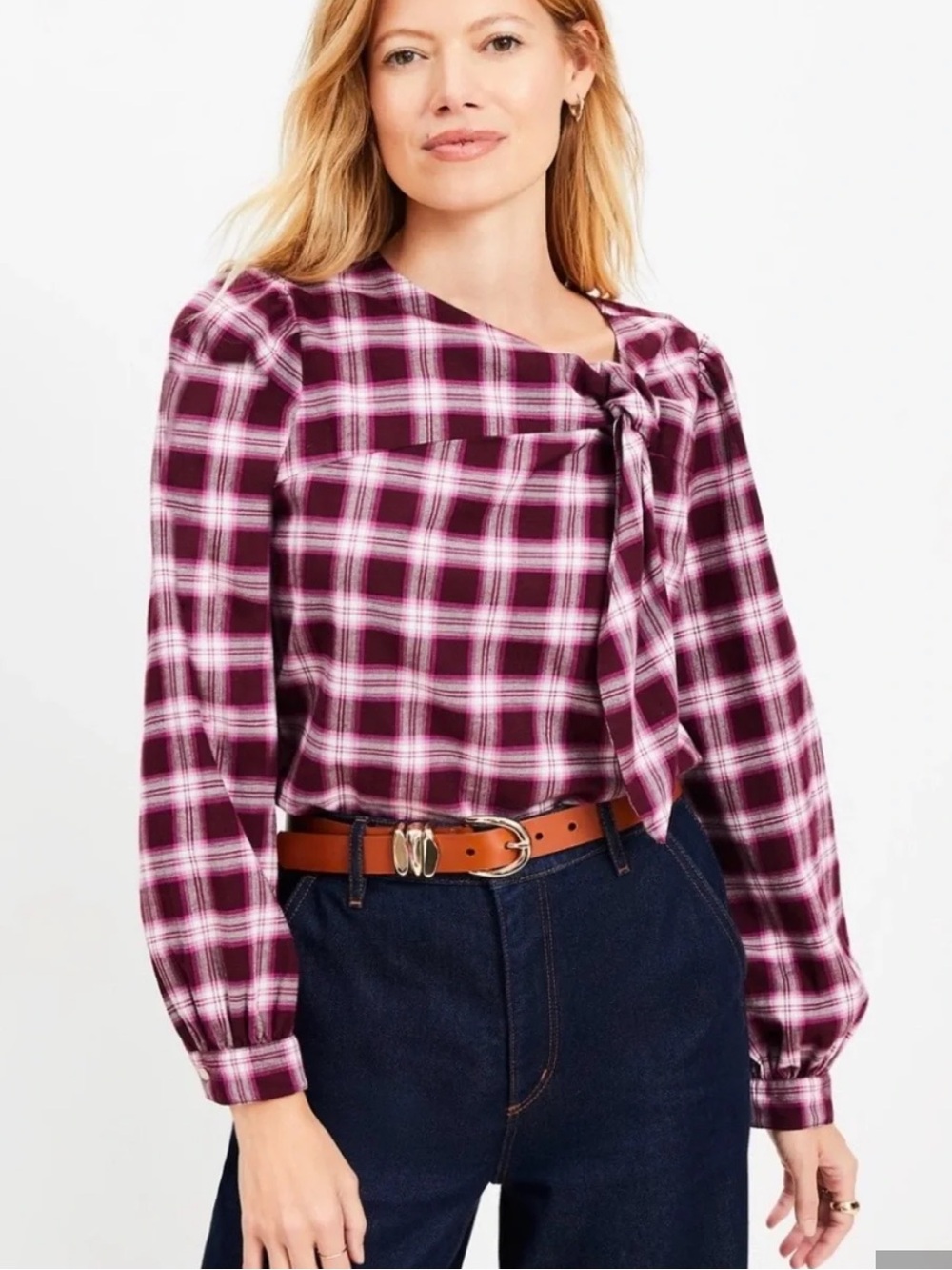 LOFT Plaid Flannel Cotton Knotted Blouse, Size XL, NWT